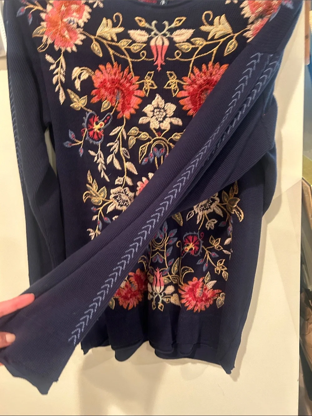 Johnny Was Loana Navy Floral Embroidered Long Sleeve Thermal Top - Picture 5 of 9